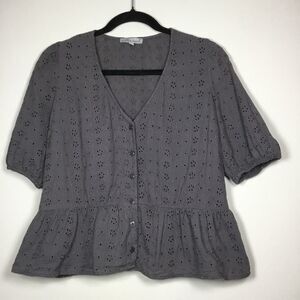 Grey eyelit lace 100% cotton button down flare shirt whimsygoth cottagecore